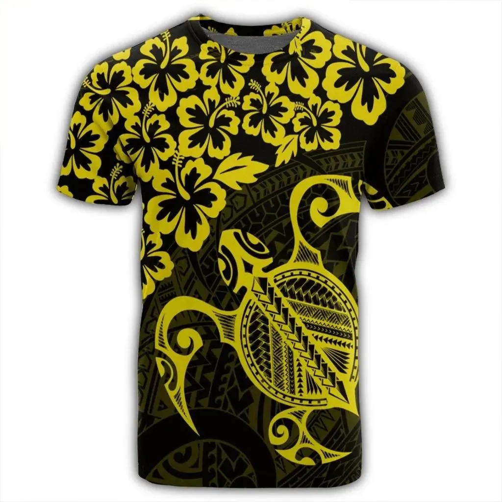 Alohawaii Tee - Hawaiian Map Turtle Hibiscus Kanaka Polynesian T-shirt Yellow - AH - J4R