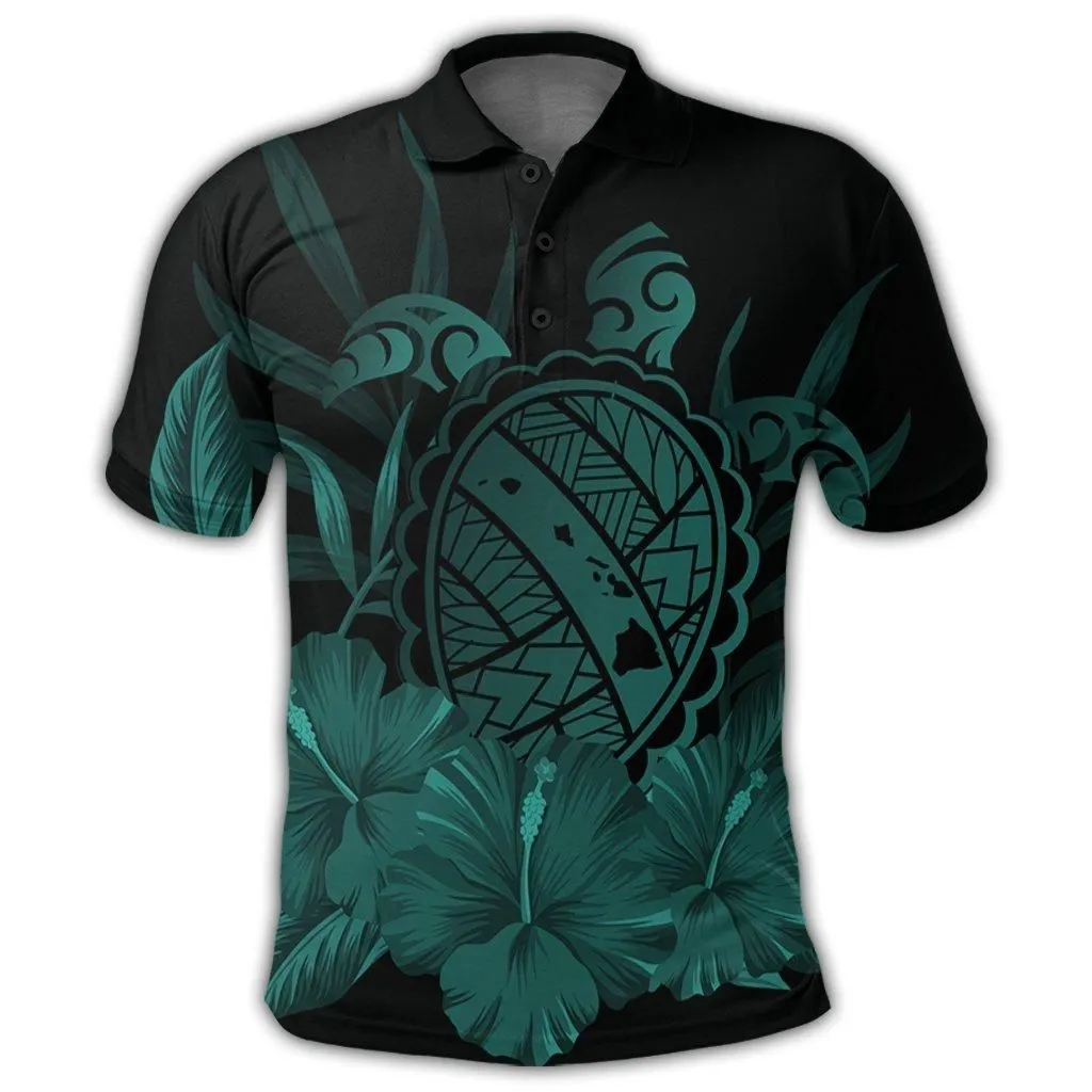 Hawaiian Map Turtle Hibiscus Polynesian Polo Shirt - Turquoise - AH
