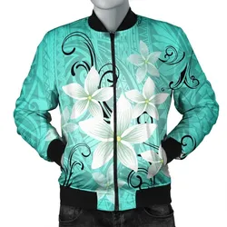 Hawaiian Plumeria Polynesian Bomber Jacket - Turquoise - AH
