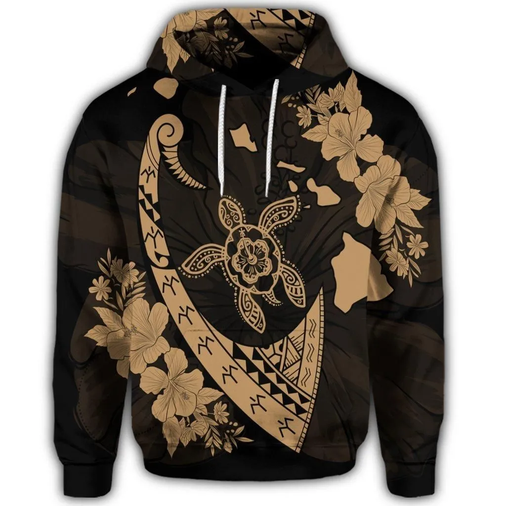 Hawaiian Map Hibiscus Turtle Fish Hook Polynesian Hoodie Gold