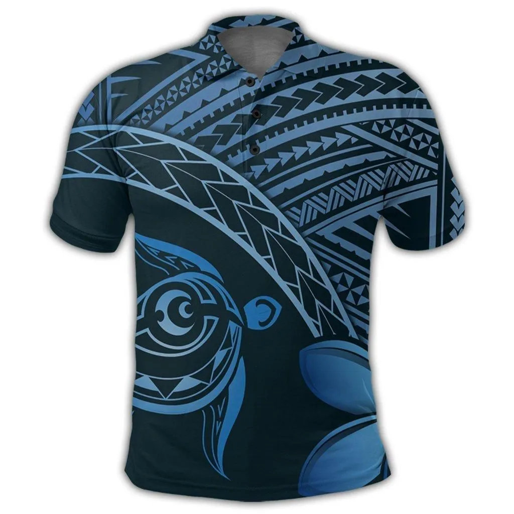 Hawaiian Turtle Plumeria Kakau Polynesian Quilt Polo Shirt Neo Blue