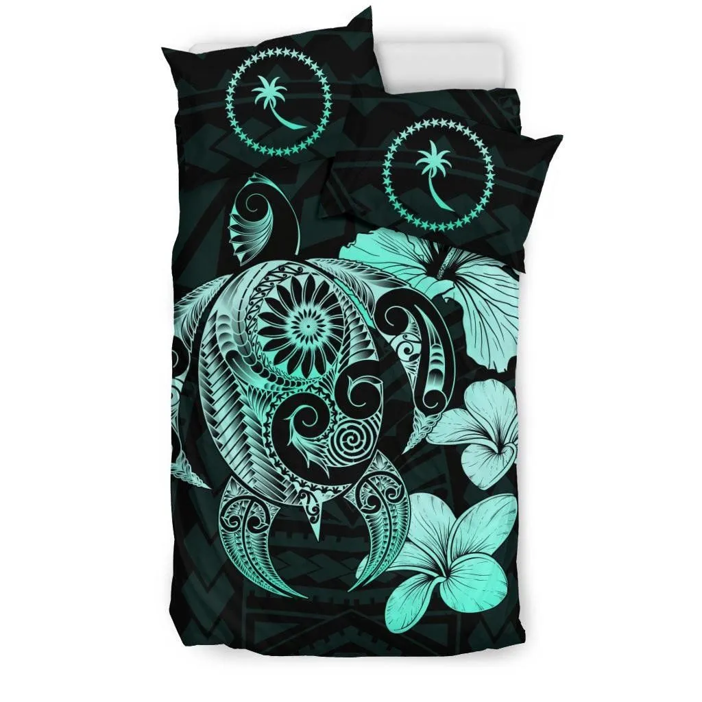 Chuuk Islands Hibiscus Plumeria Mix Polynesian Turquoise Turtle Bedding Set - J1