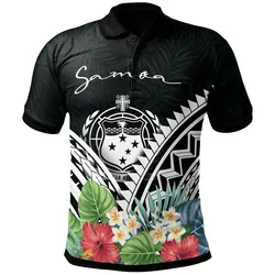 Alohawaii Shirt - Polo Shirt Samoa -Samoa Coat of Arms & Polynesian Tropical Flowers White - BN22