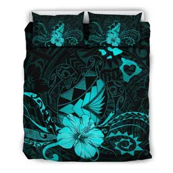 Hawaiian Map Heart Turtle Tattoo Hibiscus Polynesian Bedding Seto - Turquoise