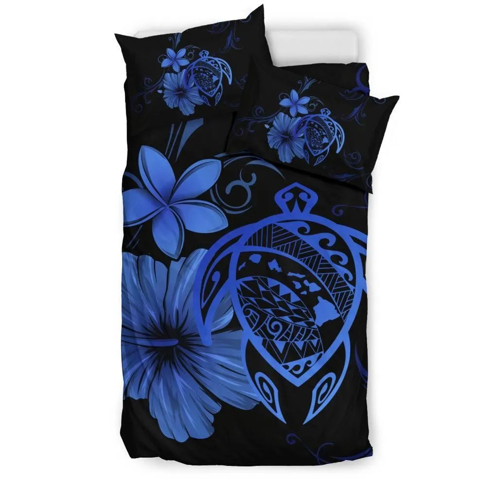 Hawaiian Map Turtle Hibiscus Plumeria Polynesian Bedding Set - Blue - AH J4