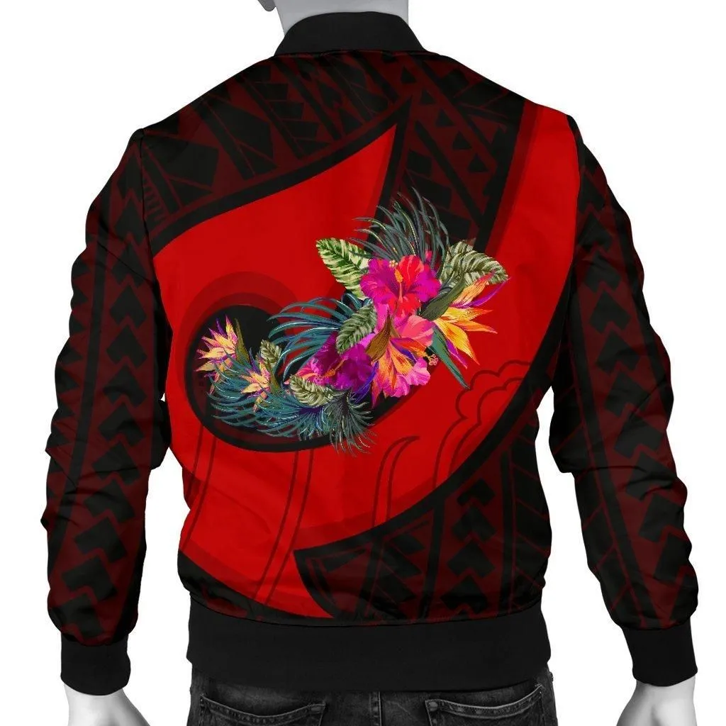 Papua New Guinea Mens Bomber Jacket - Polynesian Hook and Hibiscus Red