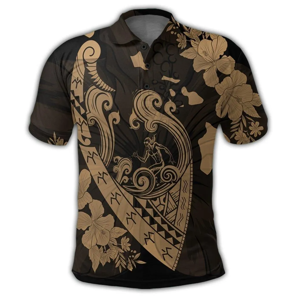 Hawaiian Fish Hook Hibiscus Banzai Surfing Polynesian Polo Shirt Gold