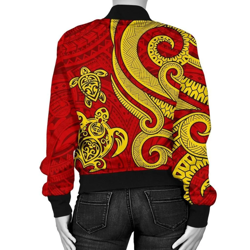 Polynesian Hawaii Kanaka Maoli Women Bomber Jacket - Red Tentacle Turtle
