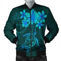 Hawaiian Turtles Hibiscus Plumeria Polynesian Bomber Jacket - Turquoise - AH