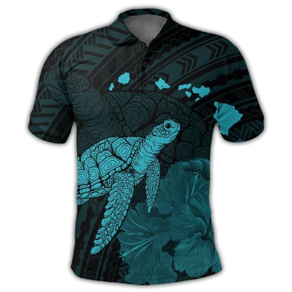 Hawaii Polynesian Hibiscus Turtle Map Polo Shirt Blue - AH