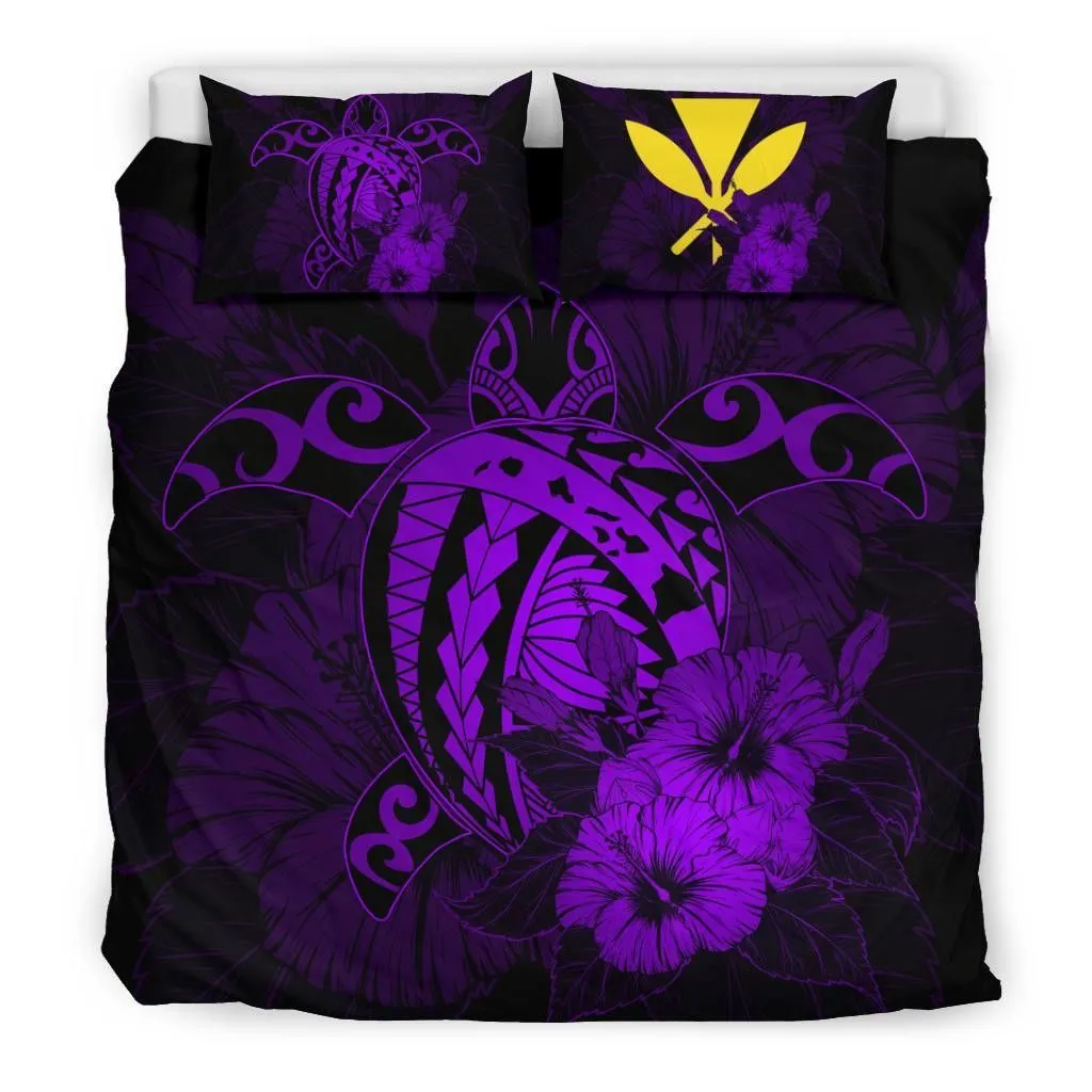 Hawaiian Map Hibiscus Kanaka Polynesian Bedding Set - Harold Turtle - Purple - AH J9