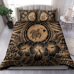Hawaii Bedding Set Map Honu Hibiscus Polynesian Gold