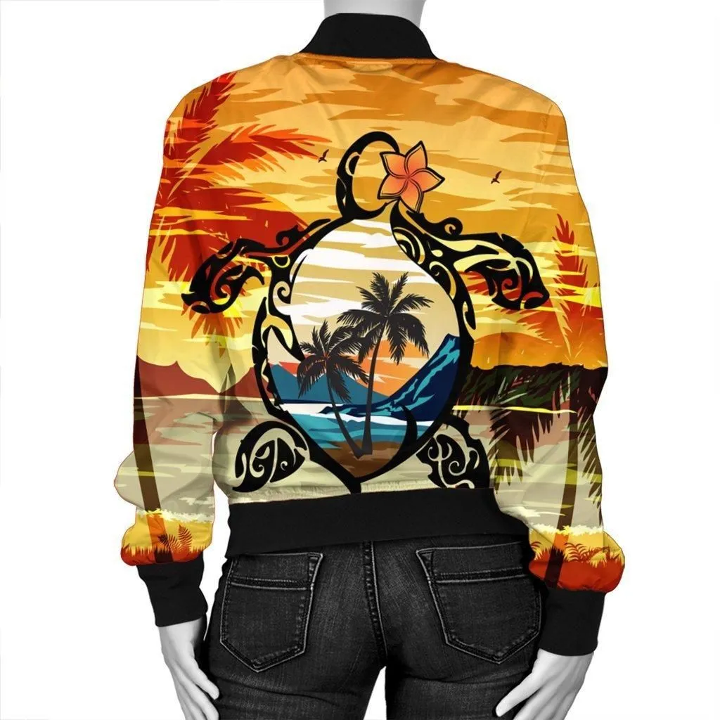 Hawaiian Turtle Plumeria Coconut Tree Polynesian Bomber Jacket Gold