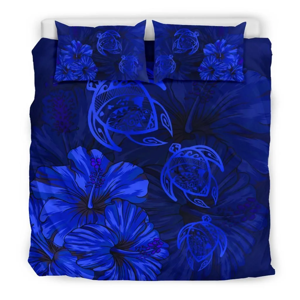 FamilyGater Bedding Set - Cover and Pillow Cases Hawaiian Map Turtle Hibiscus Vintage Polynesian Blue - AH - J9