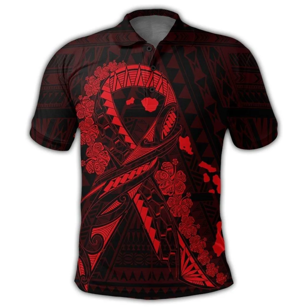 Hawaiian Map Heart Ribbon Cancer Hibiscus Red Polynesian Polo Shirt