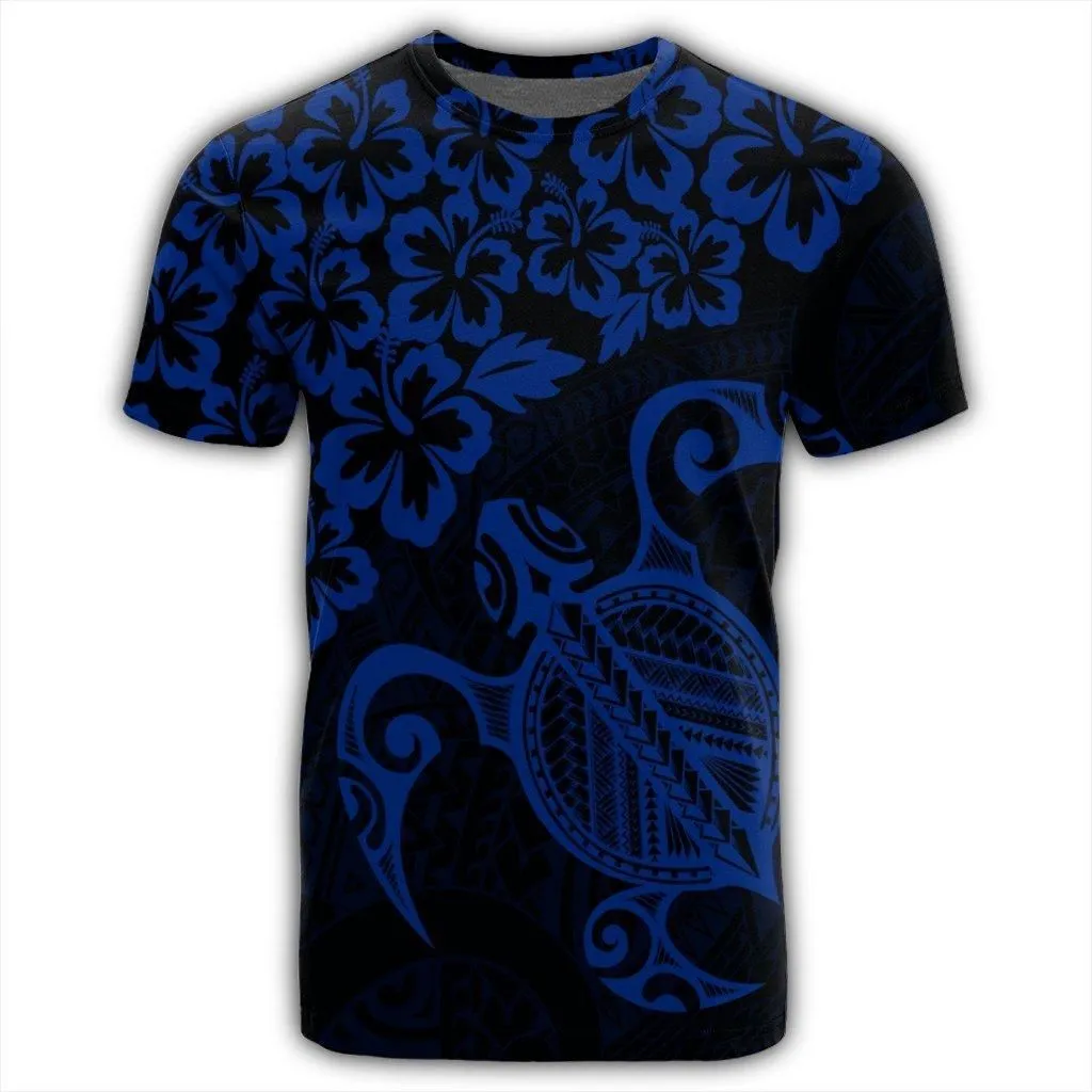 Hawaiian Map Turtle Hibiscus Kanaka Polynesian T-Shirt - Blue - AH