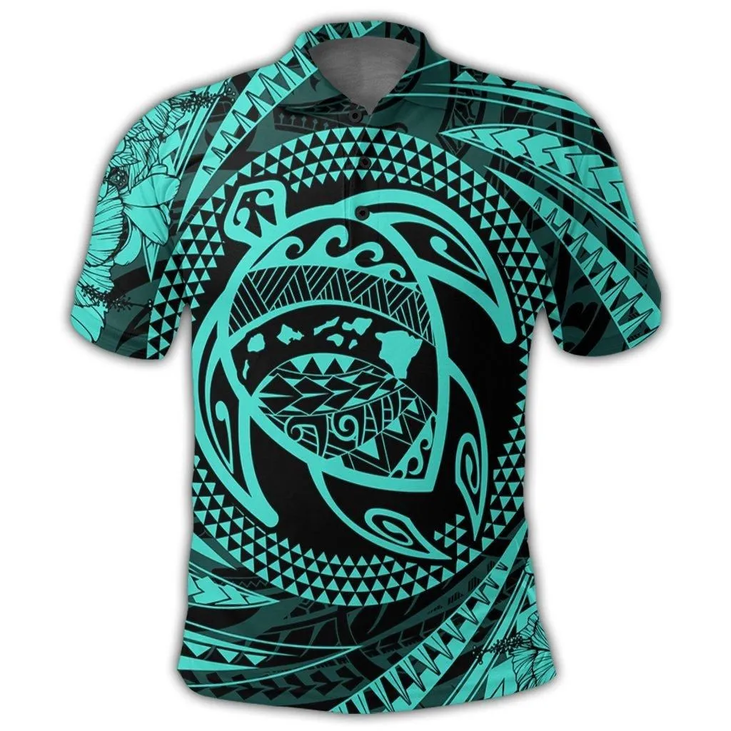 Hawaiian Kanaka Honu Hibiscus Tornando Polynesian Turquoise Polo Shirt - AH
