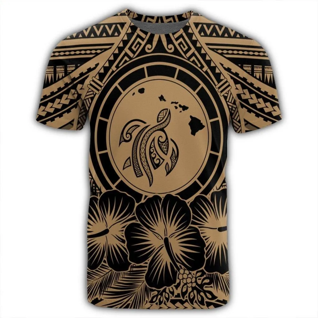 Hawaiian Map Honu Hibiscus Tropic Gold Polynesian T-Shirt - AH