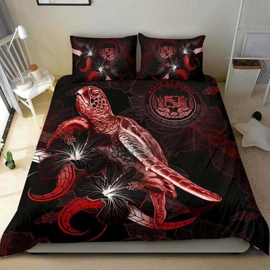 Hawaii Polynesian Bedding Set - Turtle With Blooming Hibiscus Red - BN22