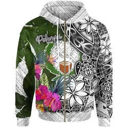 Pohnpei Zip-Up Hoodie White - Turtle Plumeria Banana Leaf - BN11