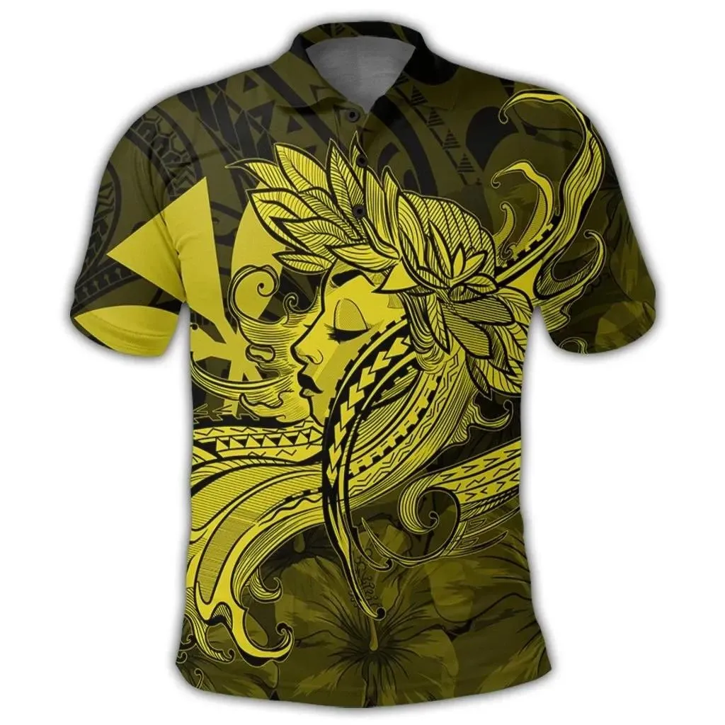 Alohawaii Shirt - Hawaiian Map Hula Girl Hibiscus Kanaka Polynesian Polo Shirt - Yellow - AH - J4R