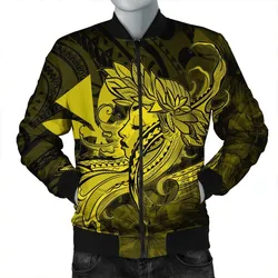 Hawaiian Map Hula Girl Hibiscus Kanaka Polynesian Bomber Jacket - Yellow - AH