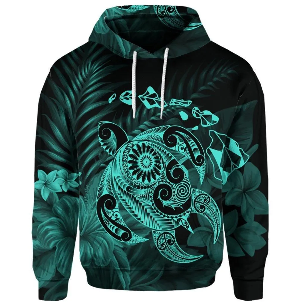 (Personalised) Hawaiian Map Turtle Tattoo Hibiscus Plumeria Polynesian Hoodie - Turquoise - AH