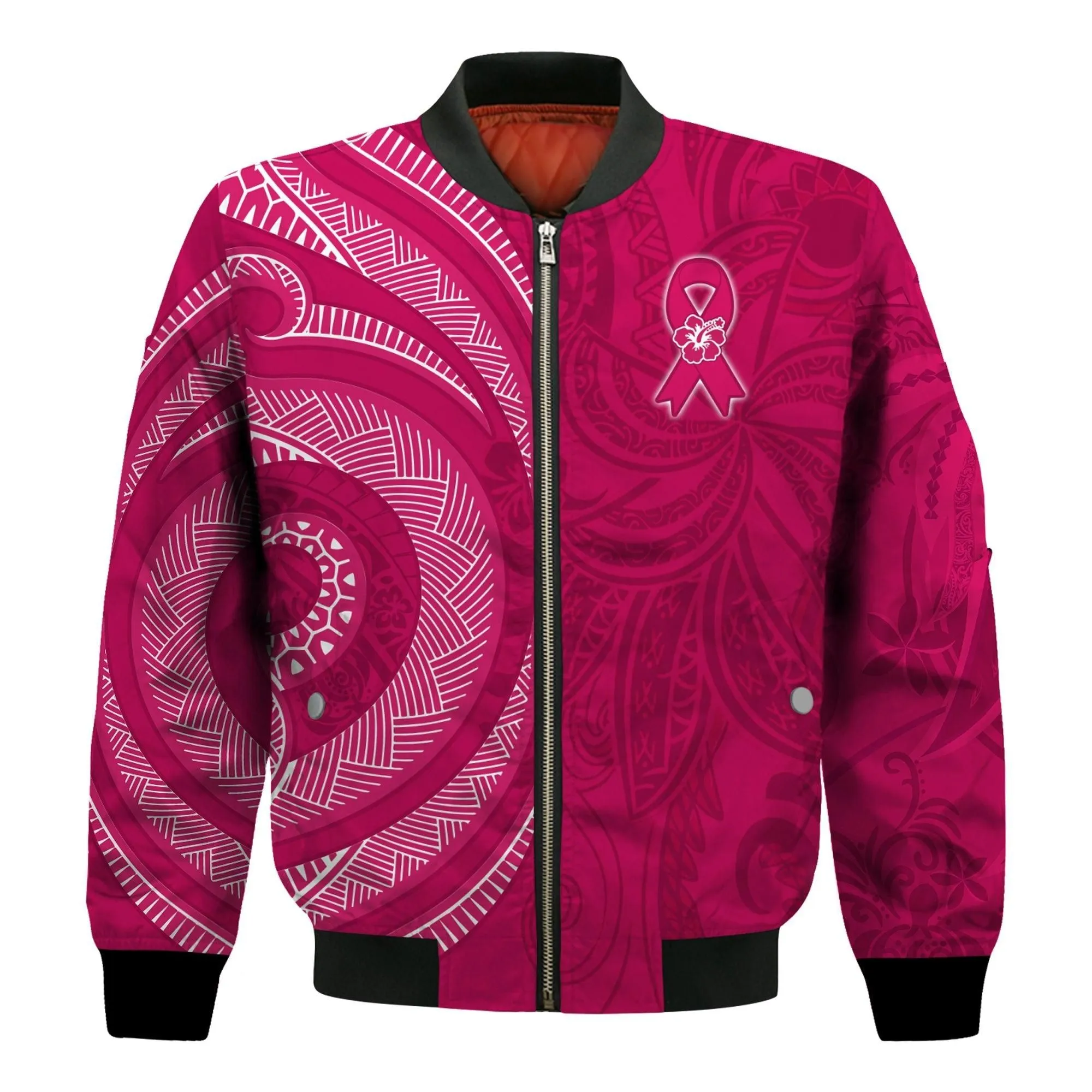 (Custom Personalised) Breast Cancer Awareness Bomber Jacket Hibiscus Polynesian No One Fights Alone LT13