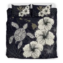 Hawaiian Hibiscus Turtle Polynesian Bedding Set - Maps Style Black