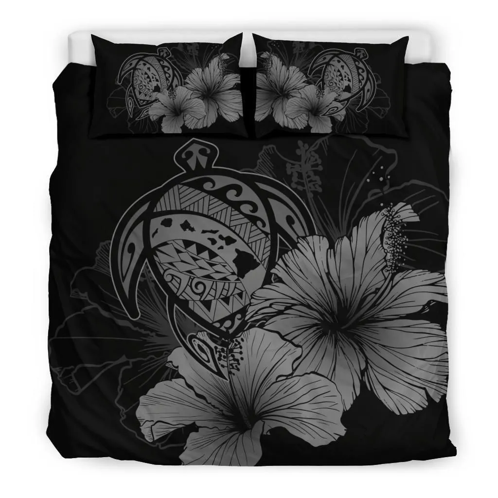 Alohawaii Bedding Set - Cover and Pillow Cases Hawaiian Map Hibiscus Turtle Polynesian - Turtle Map - Gray - AH J9