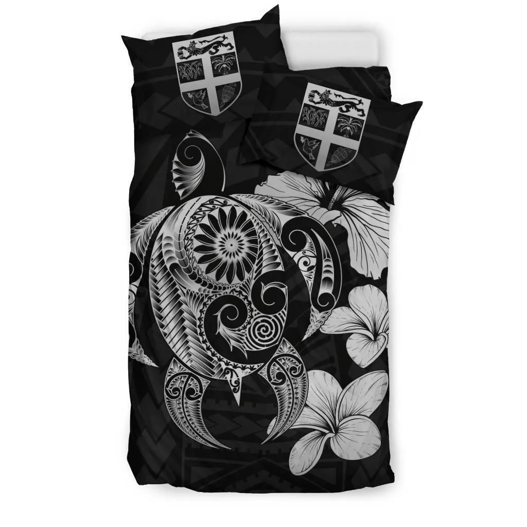 Alohawaii Bedding Set - Cover and Pillow Cases Fiji Hibiscus Plumeria Mix Polynesian Turtle Gray J1