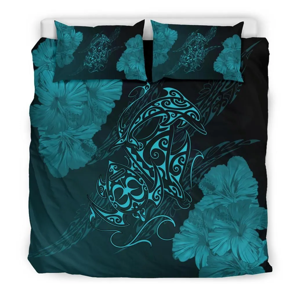 Hawaiian Hibiscus Dolphin Manta Ray Turtle Polynesian Bedding Set Waves Blue - AH - J5