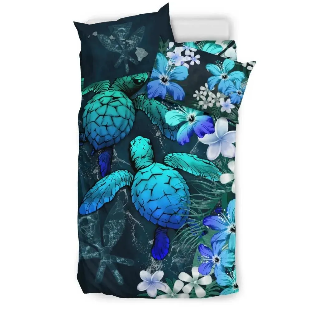 Kanaka Maoli (Hawaiian) Bedding set - Sea Turtle Tropical Hibiscus And Plumeria Blue A24