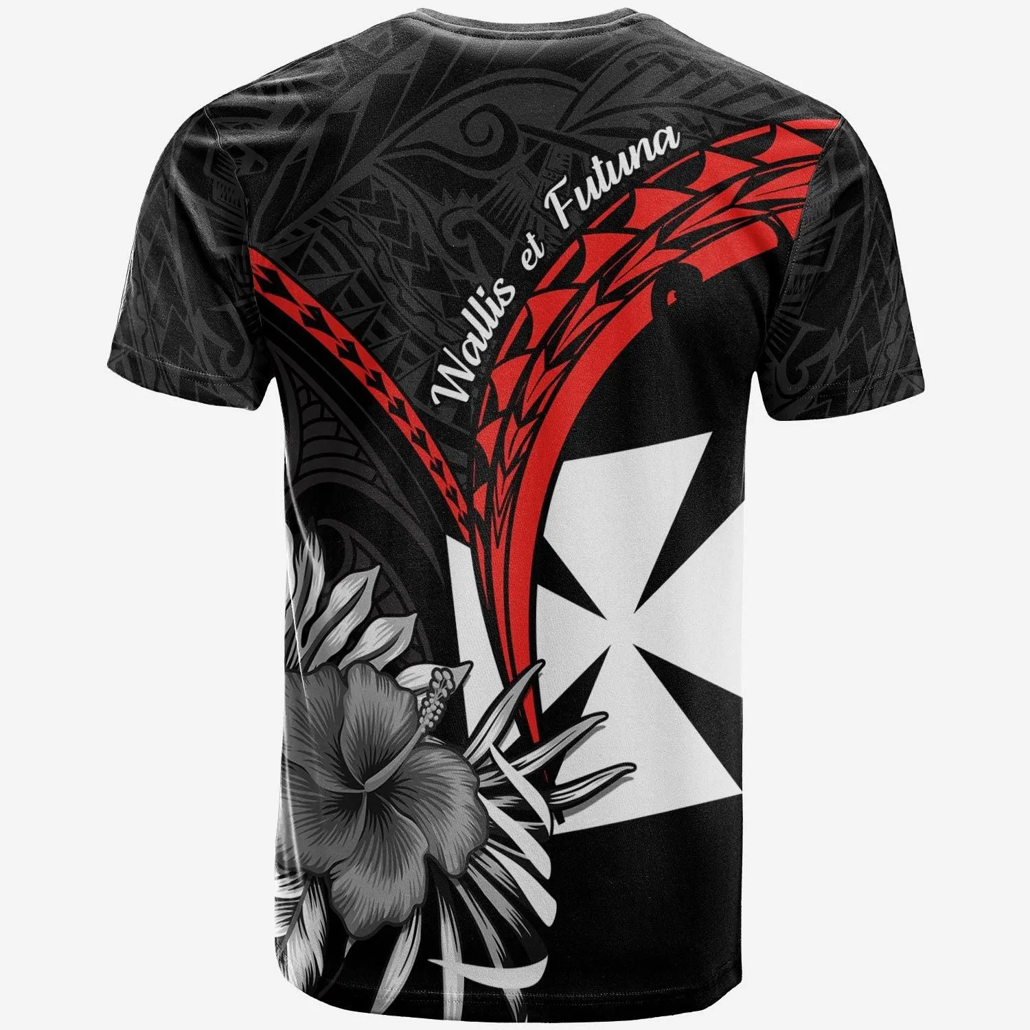 Wallis et Futuna T Shirt Polynesian Pattern and Hibiscus Flowers Version Black LT13