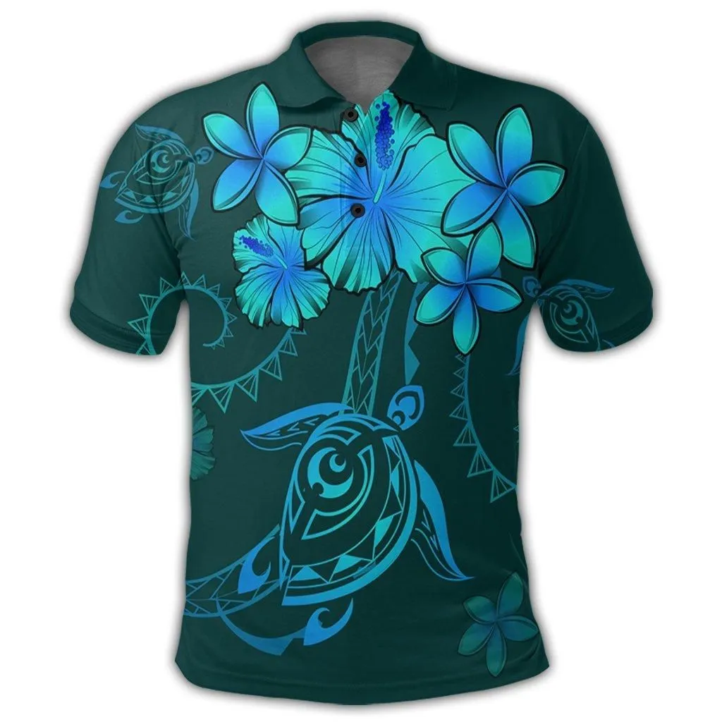 Hawaiian Turtles Hibiscus Plumeria Polynesian Polo Shirt - Turquoise - AH