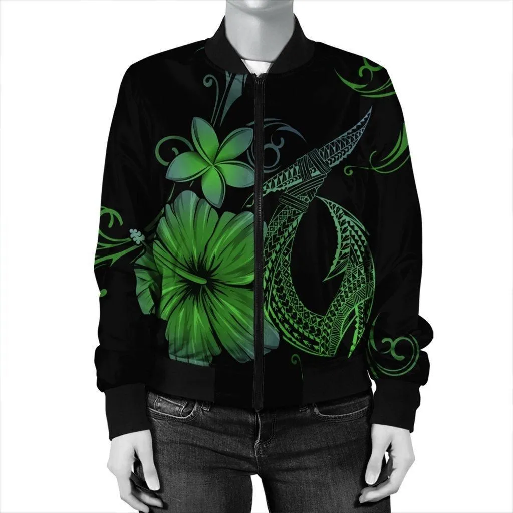 Hawaiian Fish Hook Hibiscus Plumeria Polynesian Bomber Jacket - Green