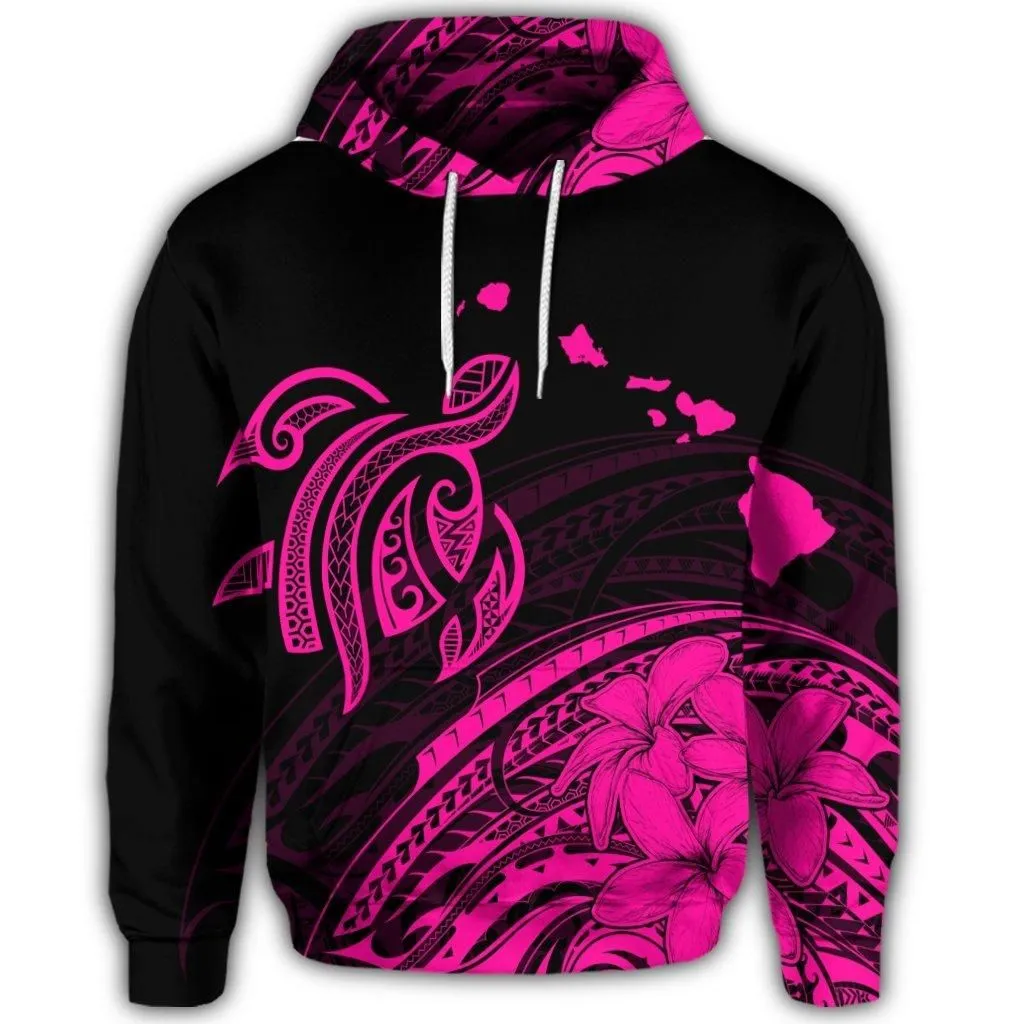 Hawaiian Turtle Polynesian Map Plumeria Hoodie Pink
