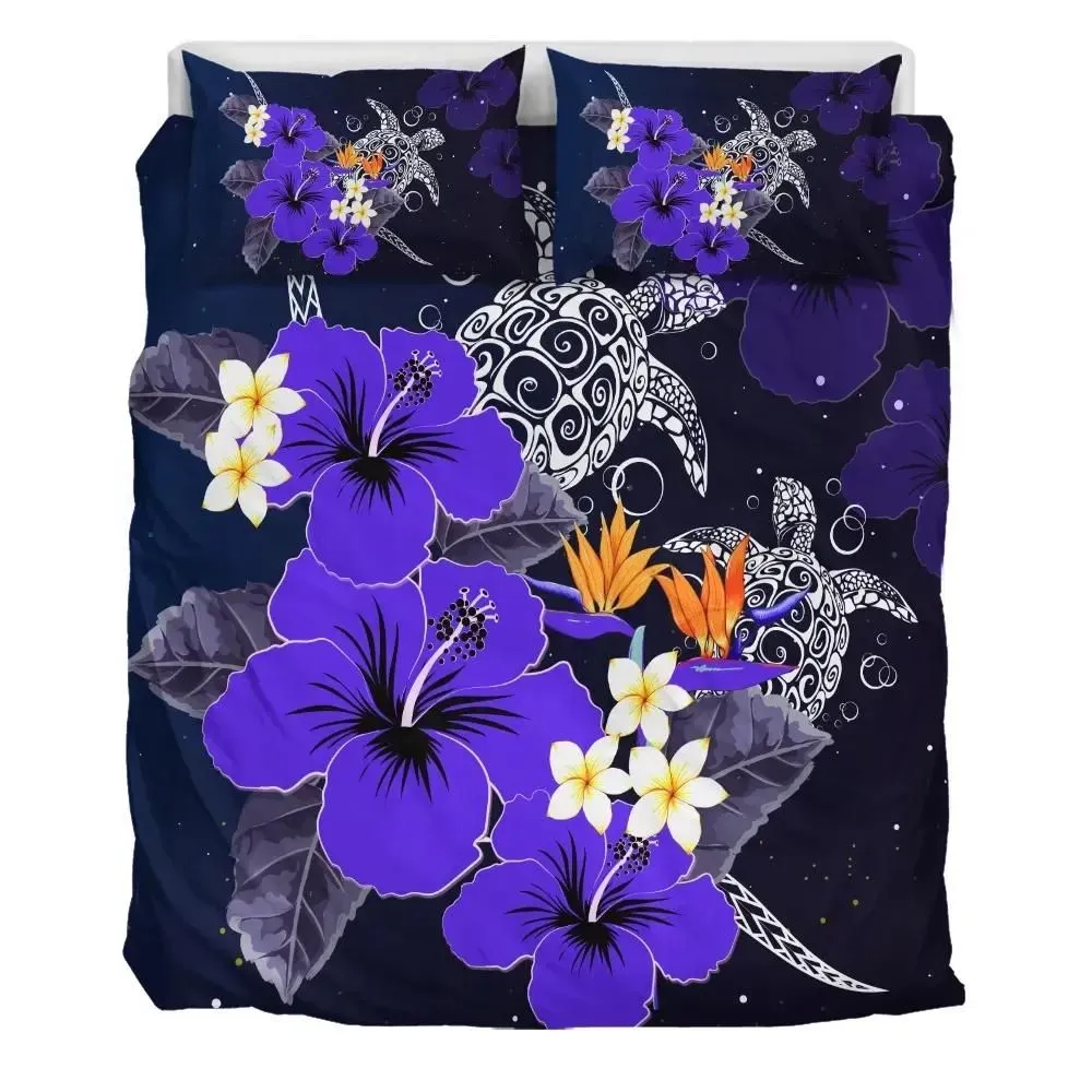 FamilyGater Home Set - Hawaii Turtle Purple Hibiscus Polynesian Bedding Set - Anne Style - AH - J2