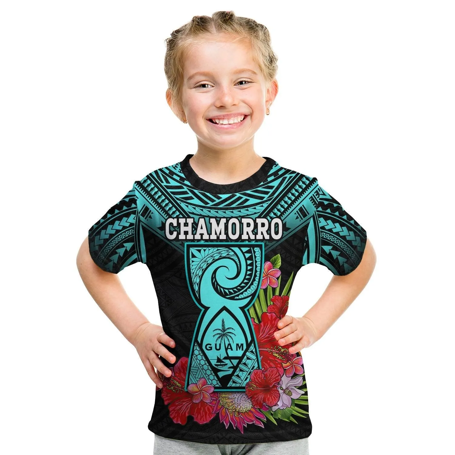(Custom Personalised) Guam Chamorro T Shirt KID Guaman Latte Stone Tropical Flowers Turquoise Style LT14
