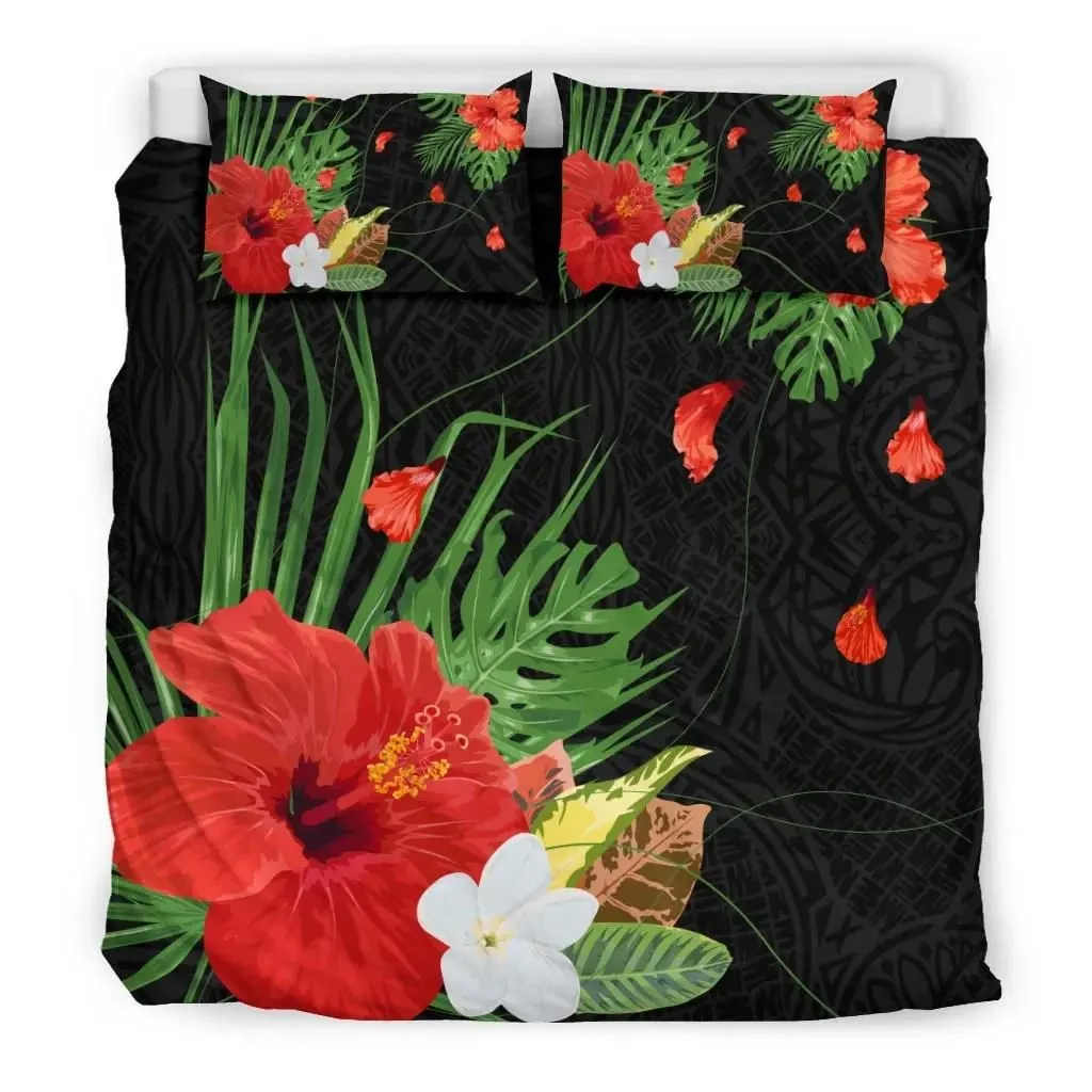 FamilyGater Home Set - Hawaiian Hibiscus Plumeria Palm Monstera Polynesian Bedding Set - AH J2