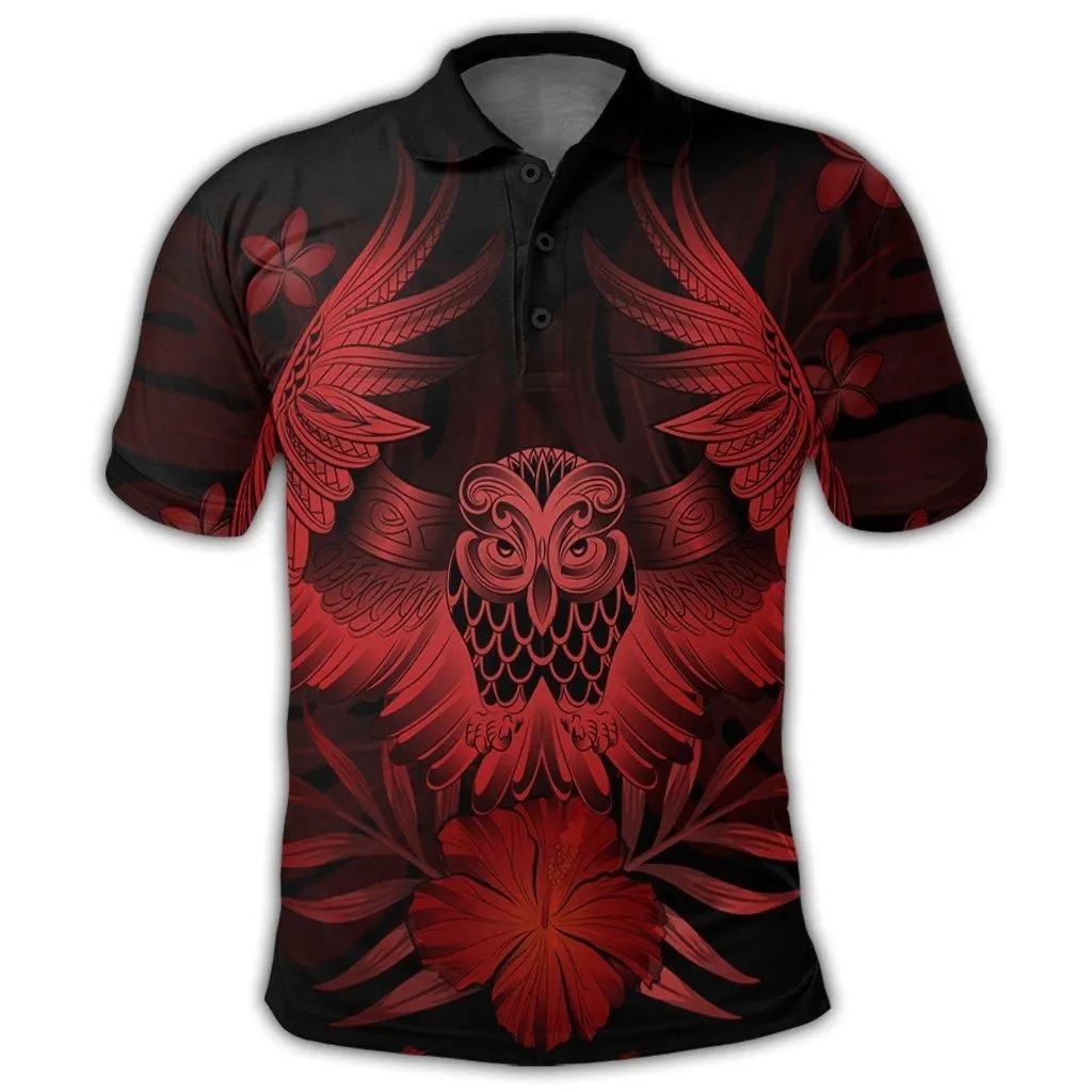 Hawaiian Owl Hibiscus Plumeria Polynesian Polo Shirt - Red - AH