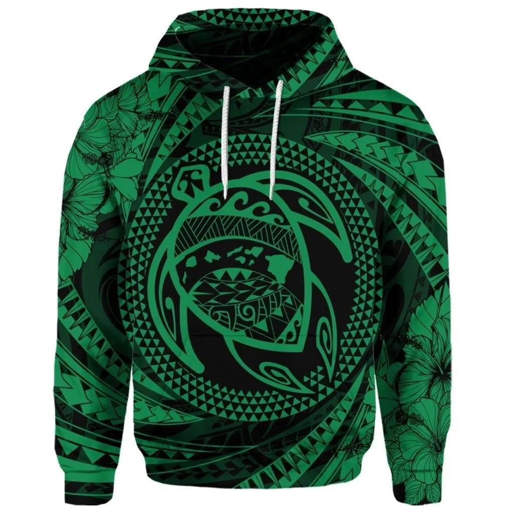 (Personalised) Hawaiian Kanaka Honu Hibiscus Tornando Polynesian Green Hoodie