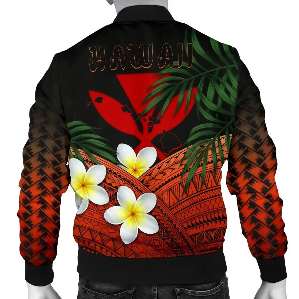 Kanaka Maoli (Hawaiian) Men's Bomber Jacket, Polynesian Plumeria Banana Leaves Red A02
