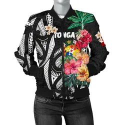 Tonga Women's Bomber Jacket Coat Of Arms Polynesian With Hibiscus TH5