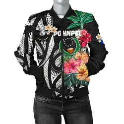 Pohnpei Women's Bomber Jacket Coat Of Arms Polynesian With Hibiscus TH5