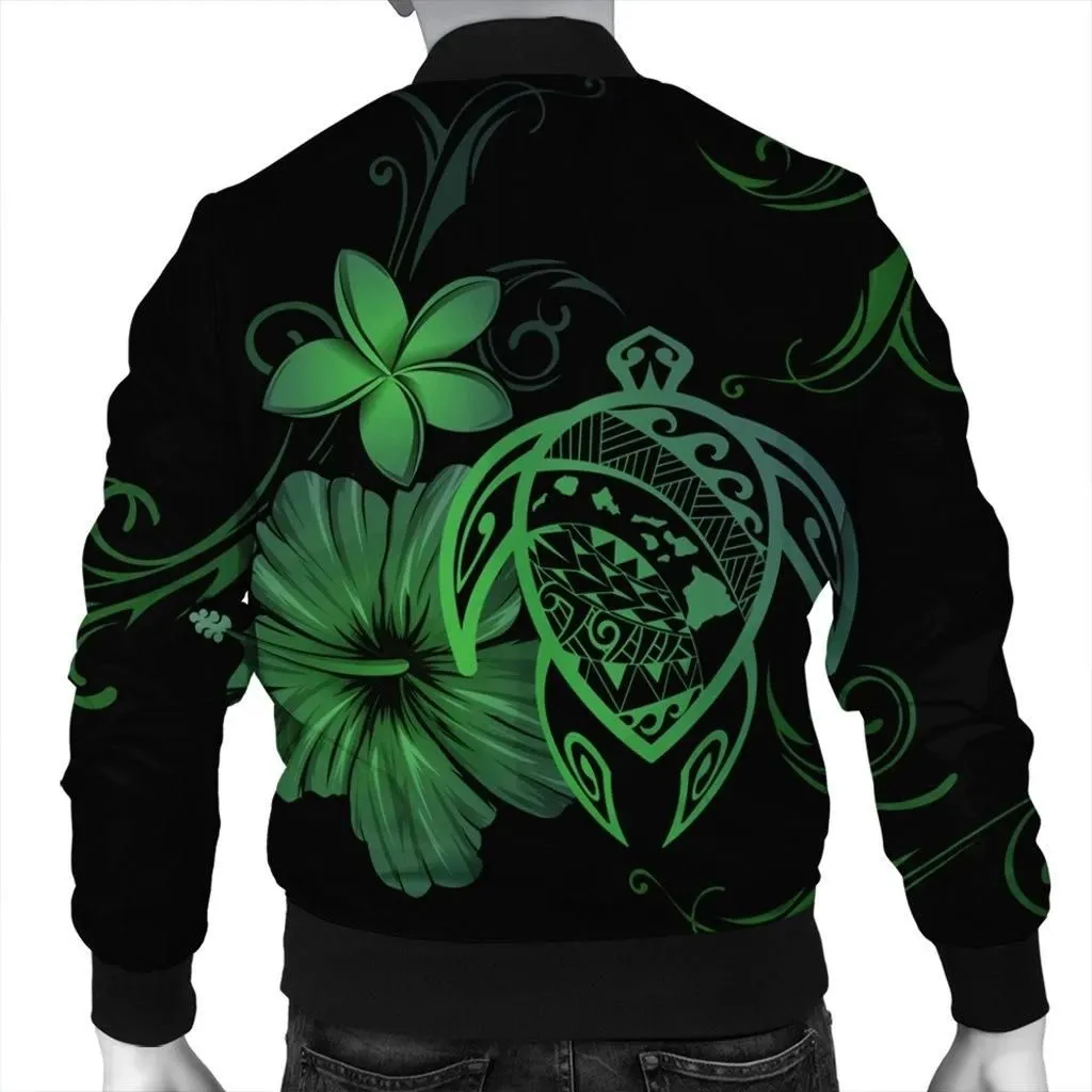 Alohawaii Jacket - Hawaiian Map Turtle Hibiscus Plumeria Polynesian Bomber Jacket - Green - AH - J4R