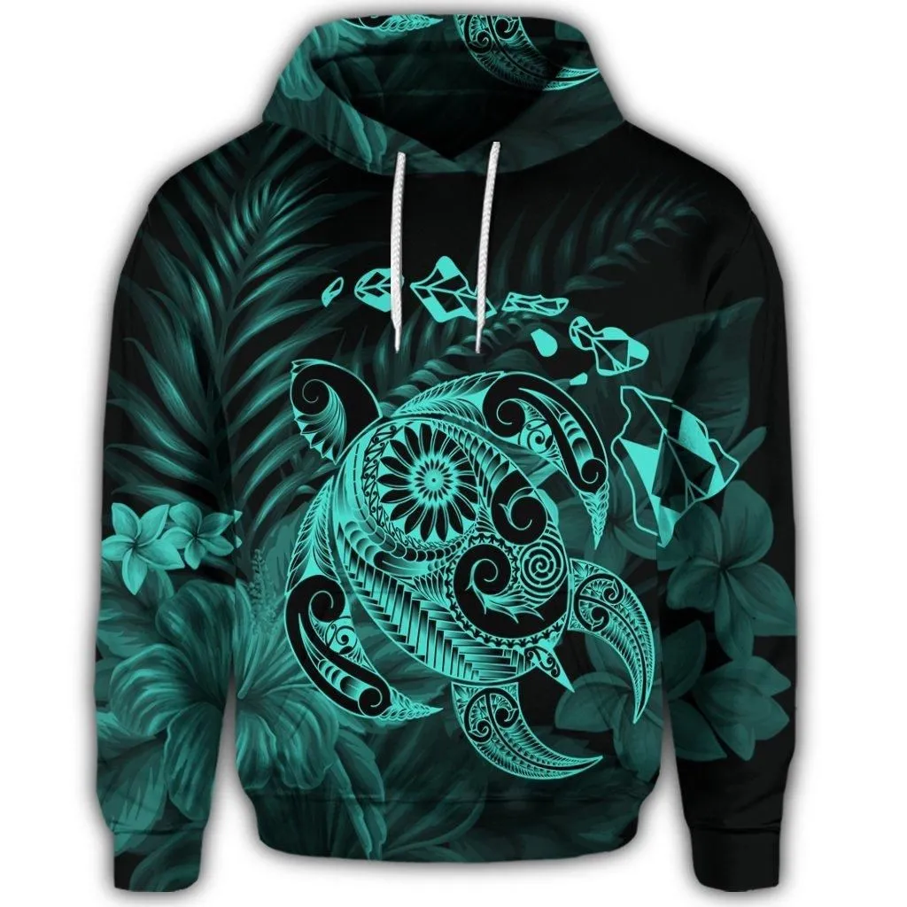 Hawaiian Map Turtle Tattoo Hibiscus Plumeria Polynesian Hoodie - Turquoise - AH