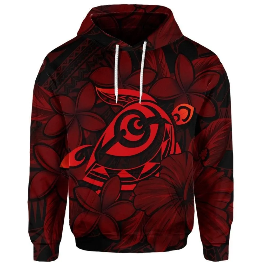 (Personalised) Hawaiian Turtle Hibiscus Plumeria Kanaka Polynesian Hoodie Red - Soft Style