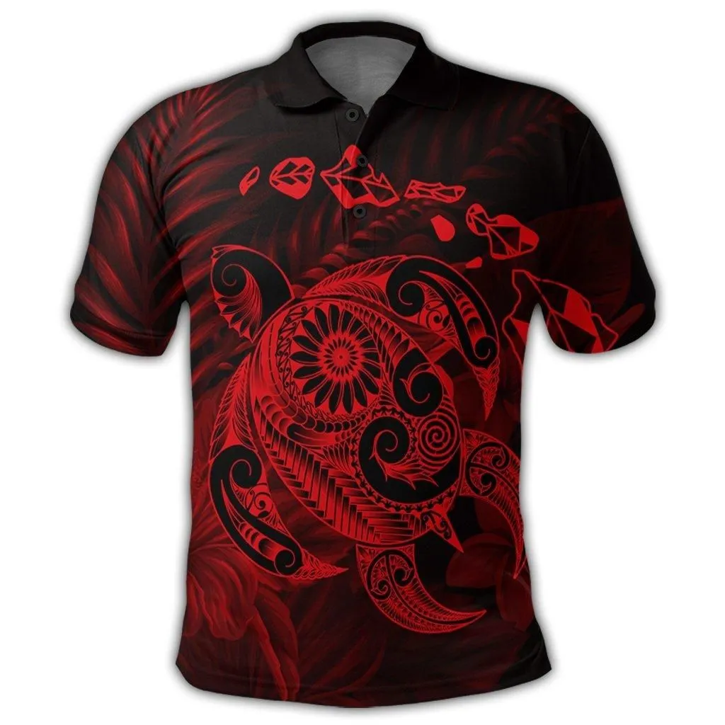 Hawaiian Map Turtle Tattoo Hibiscus Plumeria Polynesian Polo Shirt - Red - AH