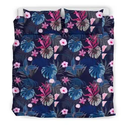 Alohawaii Bedding Set - Cover and Pillow Cases Hawaiian Tropical Palm Tree And Hibiscus Orchids Polynesian Flower - AH - J7
